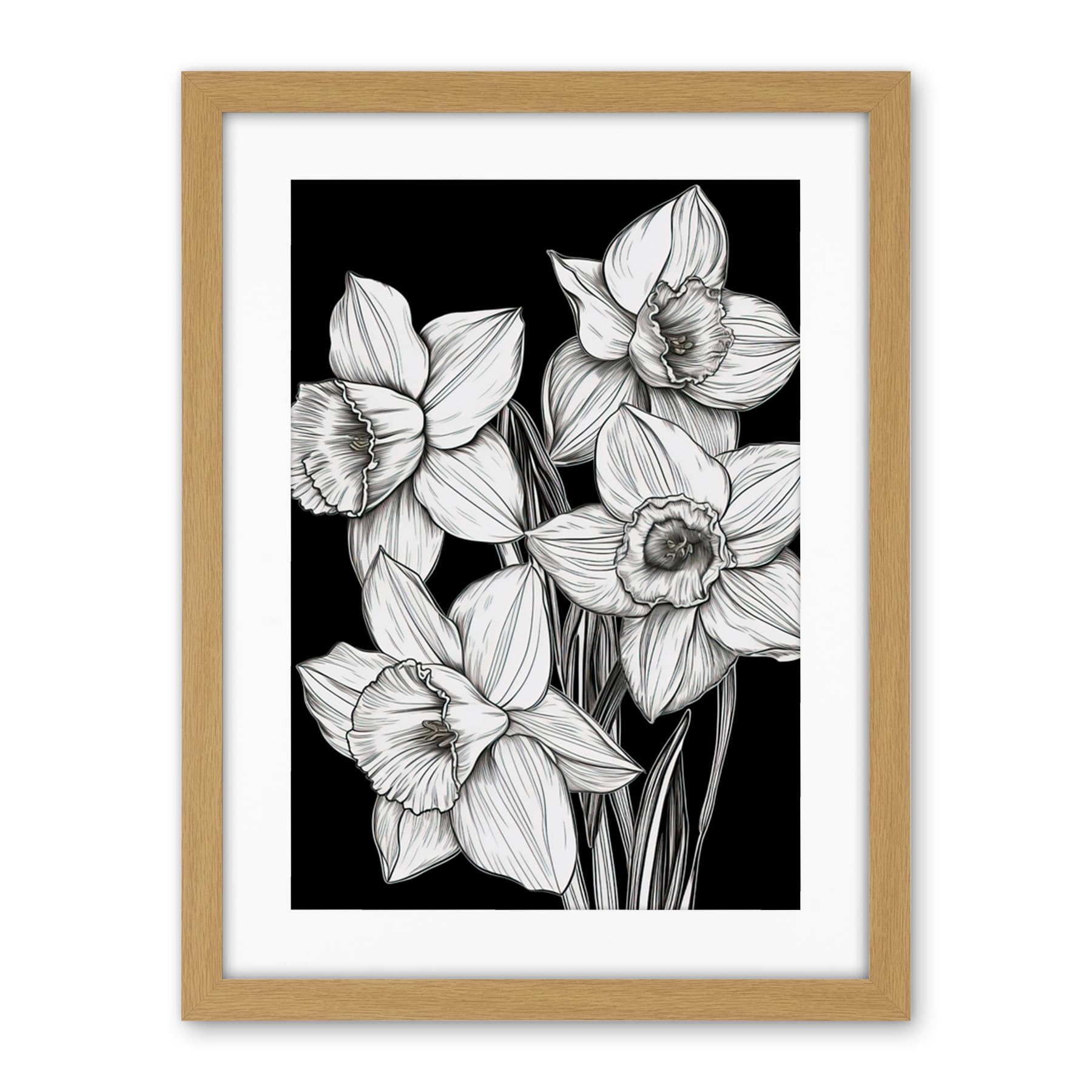 Artery8 Daffodil Wildflower Plant Blooms Black and White Artwork Framed Wall Art Print 18X24 Inch