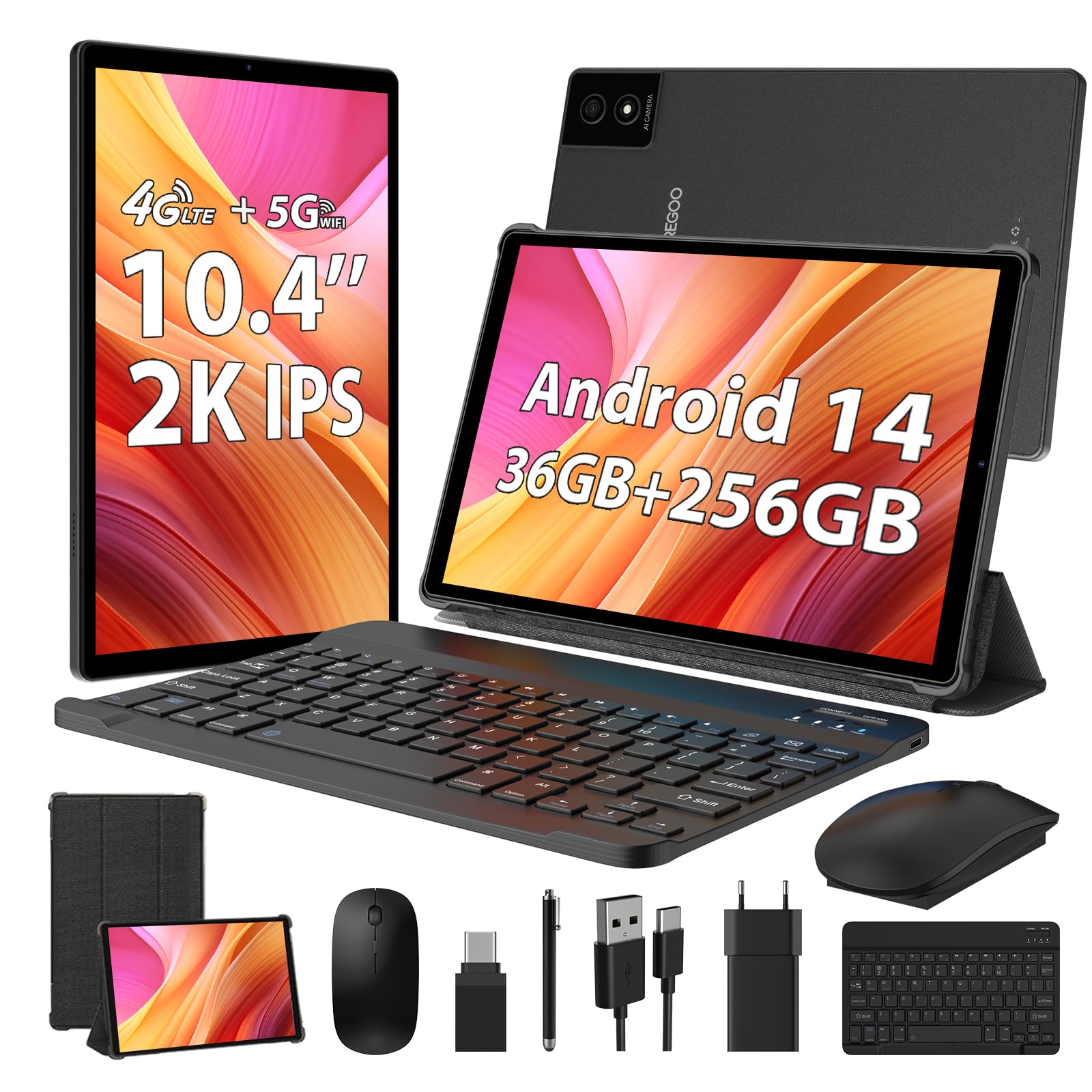 WOREGOO 2K Tablet 10.4 Pollici Android 14, 4G LTE+5G WiFi, 36GB RAM+256GB ROM(TF 1TB), Octa-Core 2.0Ghz, 2000 * 1200/Face ID/8000mAh/OTG/8MP+13MP/BT5.0/GPS/GMS, Tablet con Tastiera e Mouse, Nero