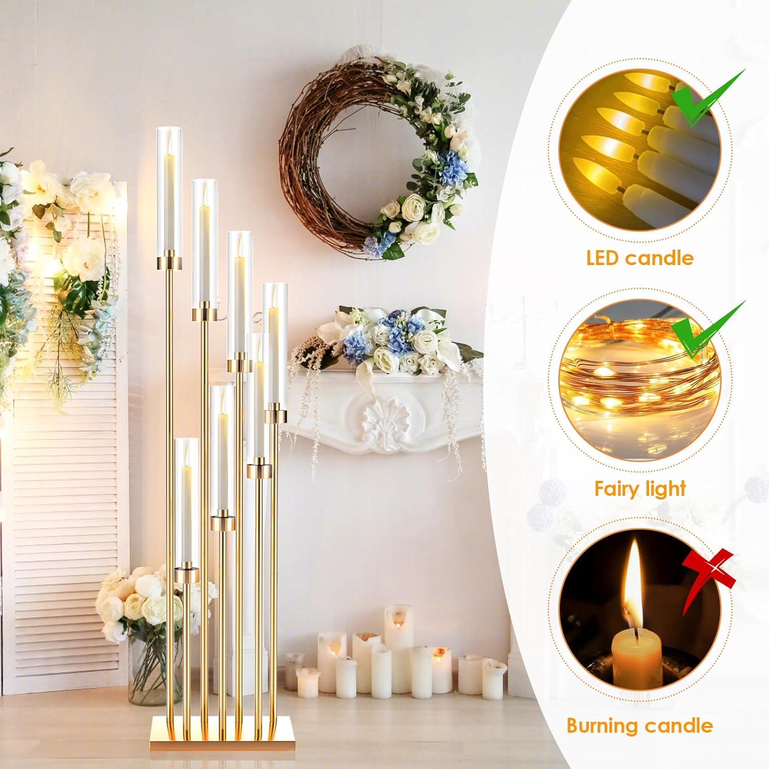 mopam 7 Arms Floor Candelabra 46.5'' Floor Candle Holders for Wedding 4pcs Gold Candle Sticks Holder Decor Tall Metal Candlestick Set with Acrylic Lampshades for Home Christmas Party (Square)