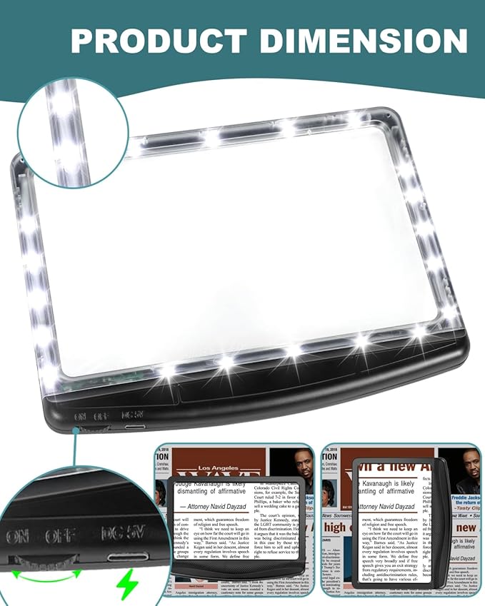 5X Rechargeable Magnifying Glass with Light, Large Bright LED Lighted Full Page Magnifier, Lightweight Rectangular Handheld Magnifier with Light for Reading Small Prints for Seniors Low Vision, Silver
