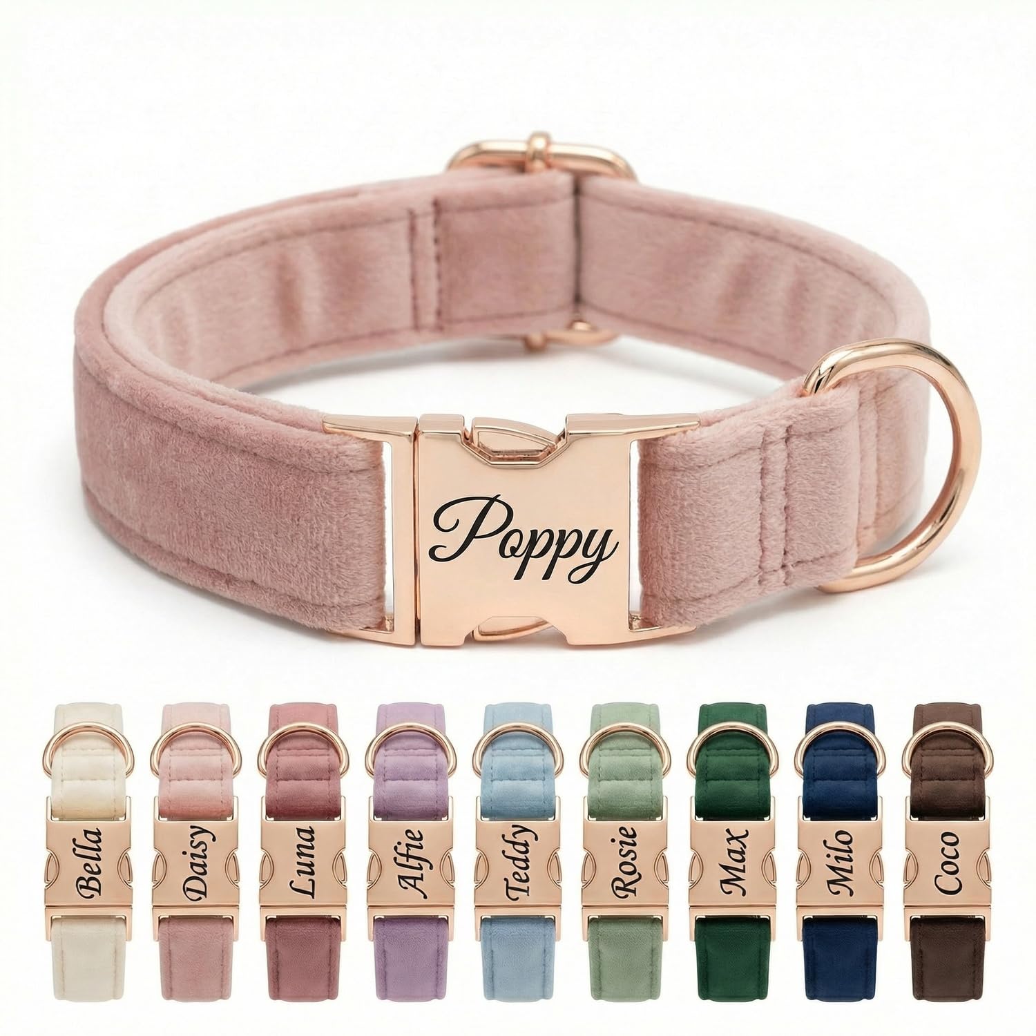 Personalised Velvet Dog Collar UK – Engraved Gold Buckle, Luxury Padded Soft Collar for Small Medium Large Dogs | Custom Name ID Tag, 18 Colours Available | Blush Pink — image 1