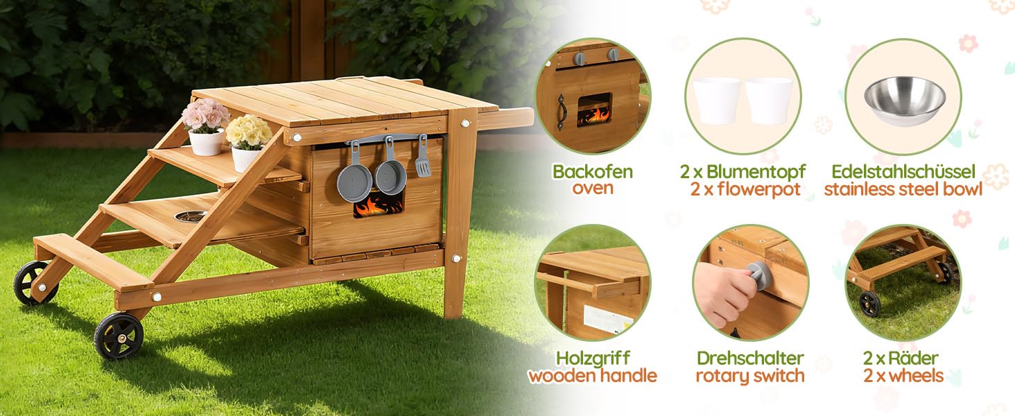 Gecheer Kinderküche Outdoor, Rollen, Zubehör, Holz, ab 3 Jahren, für Garten, Rollenspiel
