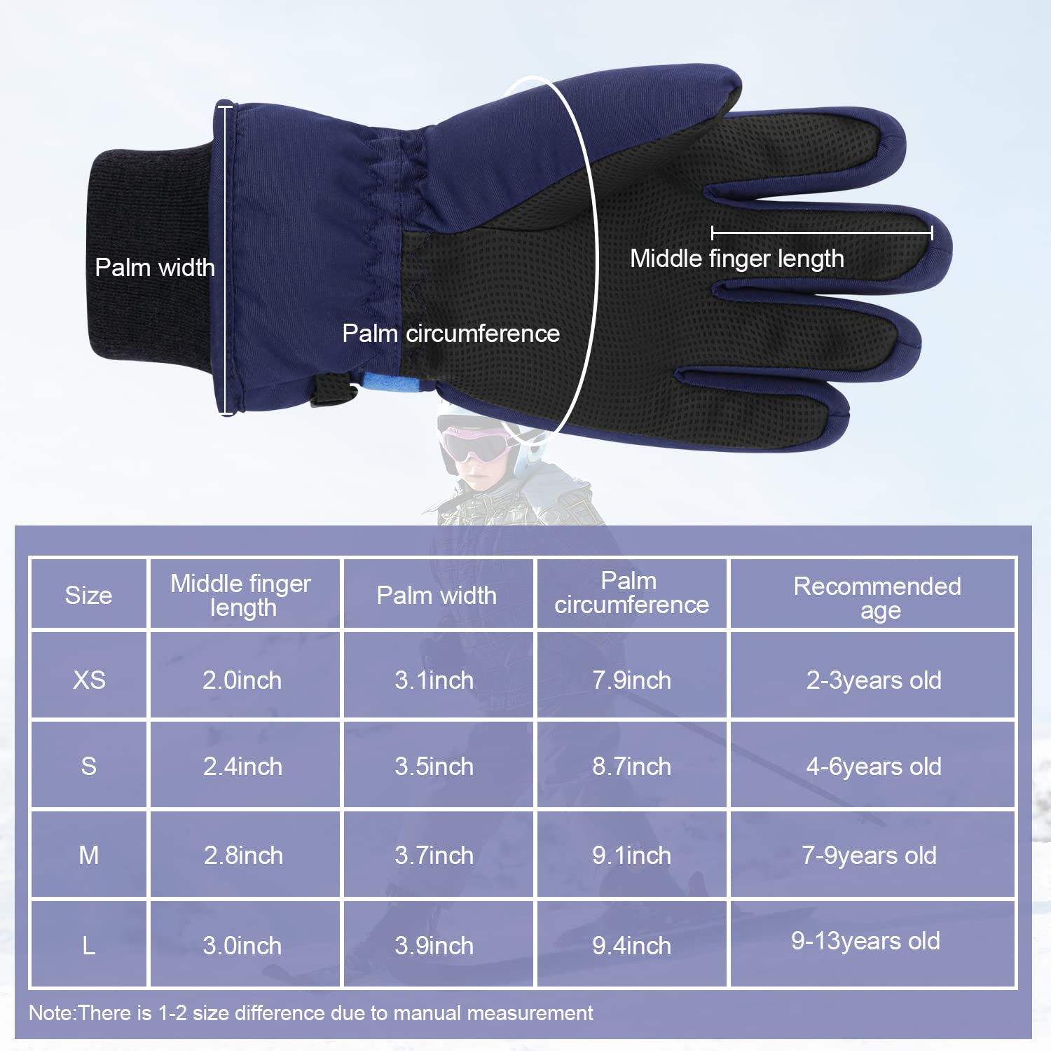 QKURT Guantes de Esquí Impermeables para Niños, Manoplas de Dinosaurio para Nieve y Snowboard 2-13 Años