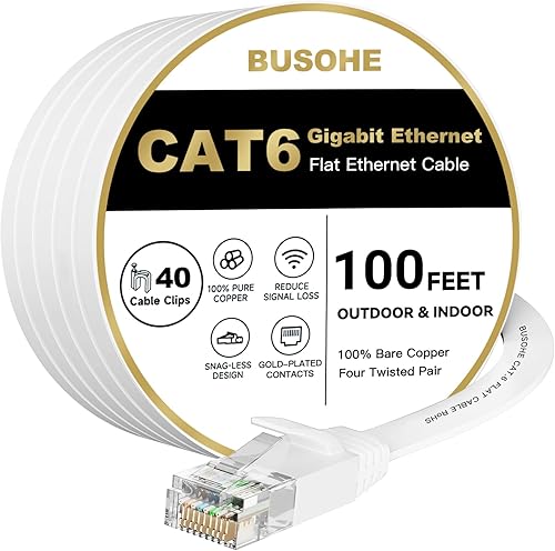 BUSOHE Cable Ethernet Cat6 de 100 pies, color blanco, Cat-6, cable de conexión de red Ethernet de Internet LAN, cable de conexión Ethernet Gigabit