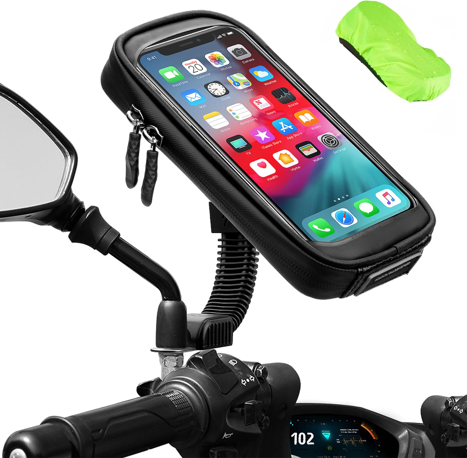 Motorcycle Phone Mount Waterproof 360°Rotation Motorbike Phone Holder with Rain Cover Motorcycle Phone Holder Bag for Rearview Mirror Phone up to 6.7" (Black)