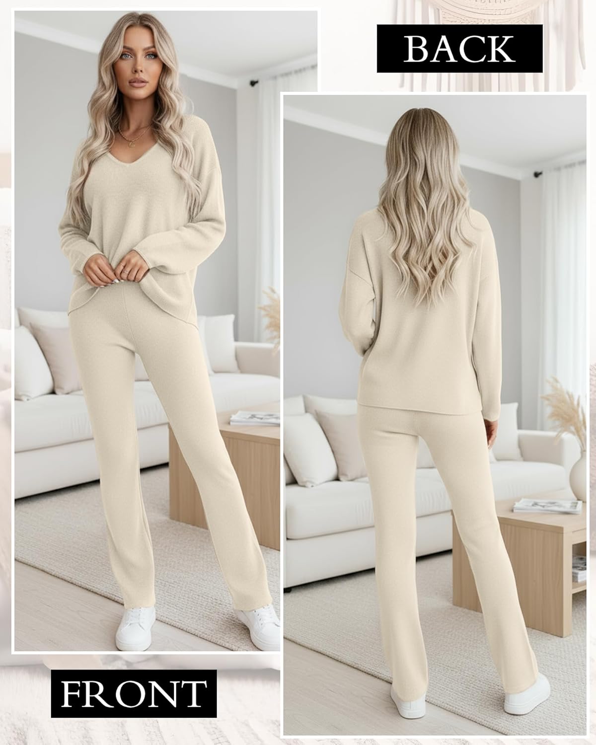 Women 2 Piece Knit Set Long Sleeve Sweater Loungewear Casual V Neck Outfits Fashion Vacation Travel Matching Set - Image 2