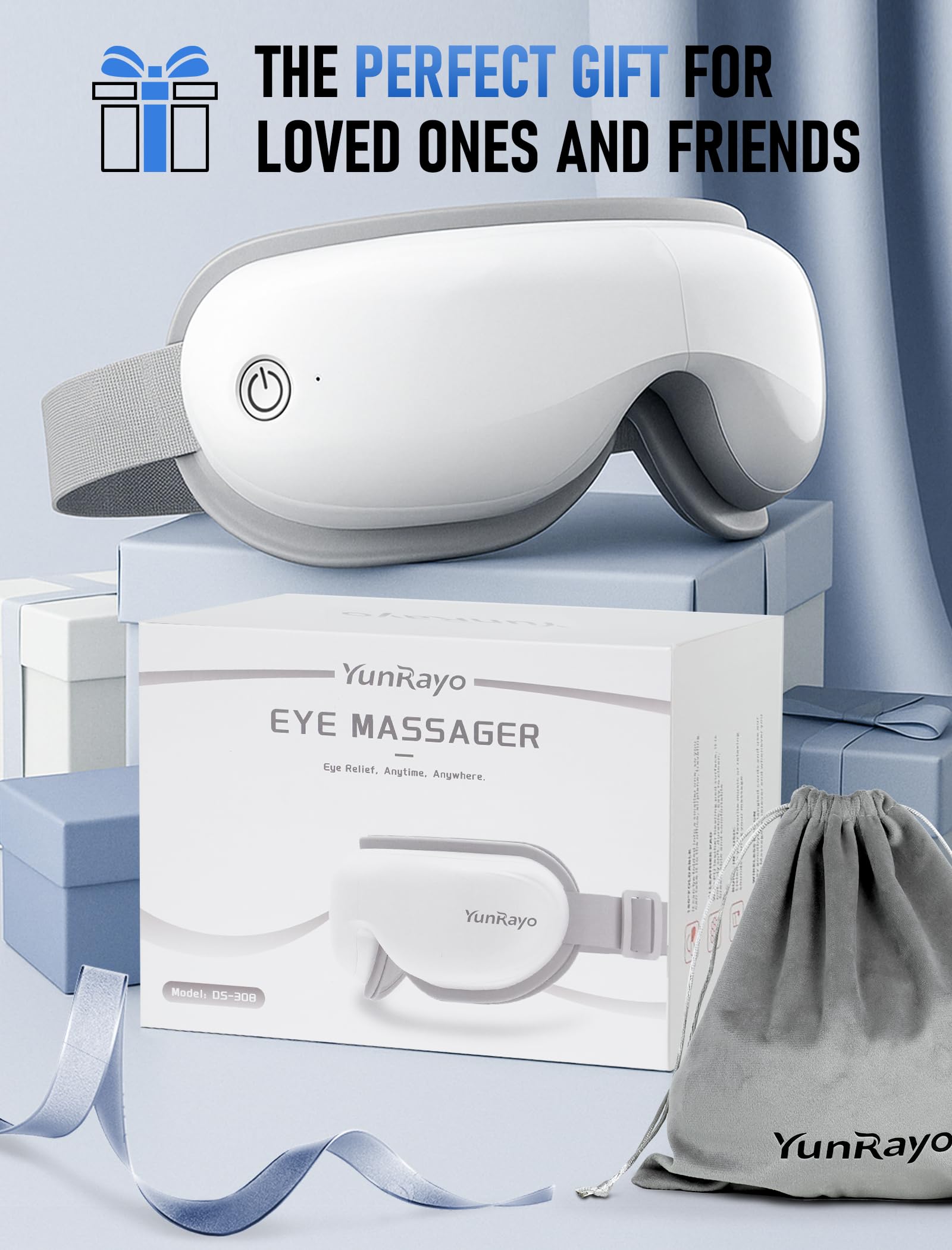 Masseur des yeux avec musique Bluetooth, chauffage et vibrations - Masque de massage sans fil pour soulager les yeux secs, la fatigue oculaire et les maux de tête, favoriser le sommeil