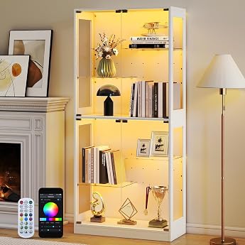 Lamtor Glass Display Cabinets Standing with LED Lighting - 175 cm Glass Display Cabinet Living Room Display Cabinet with Adjustable Shelf App & Remote Control 6000+RGB White