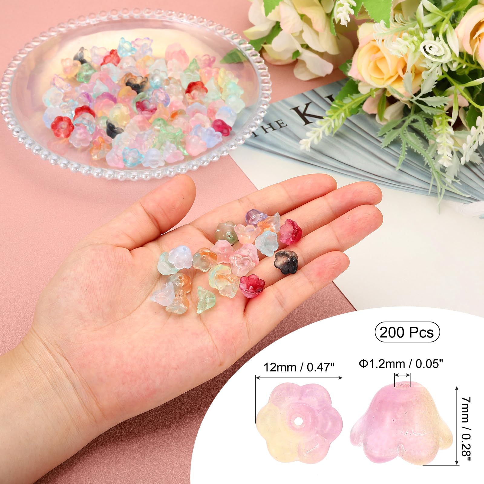 PATIKIL Glass Trumpet Flower Beads, 200 Pcs Gradient Flower Bead Charm for DIY Craft Decorations Yellow, Purple - Image 2