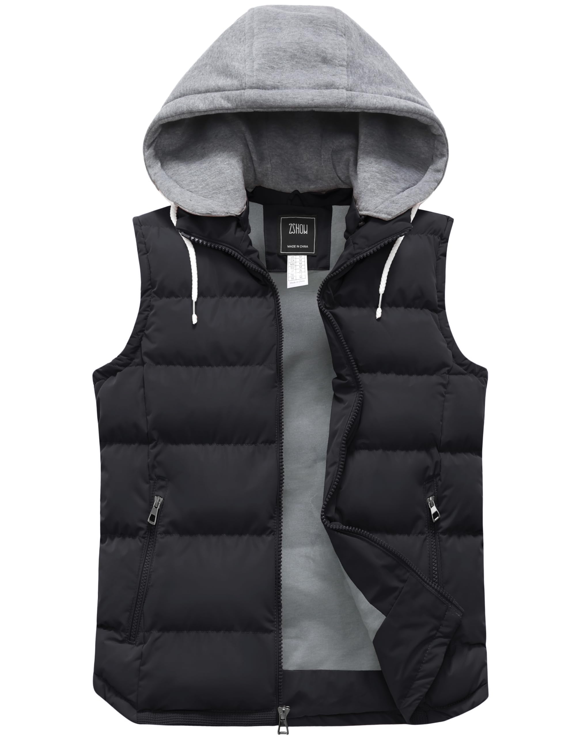 Zshow Men's Black Lightweight Winter Gilets Outdoor Windproof Vest Cotton Padded Gilets Hooded Sleeveless Vest L
