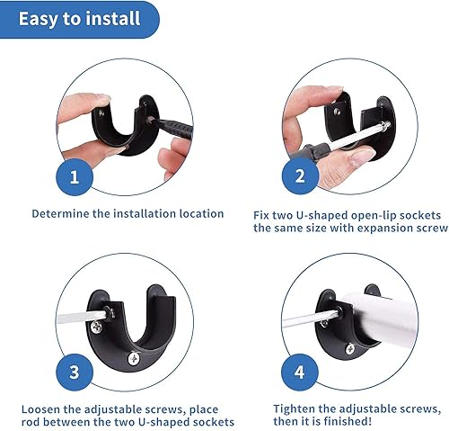 Miniatura 7 de Soportes de barra de armario de acero inoxidable, soporte de 0.8 in de diámetro, soporte de barra de cortina resistente, soporte de extremo negro