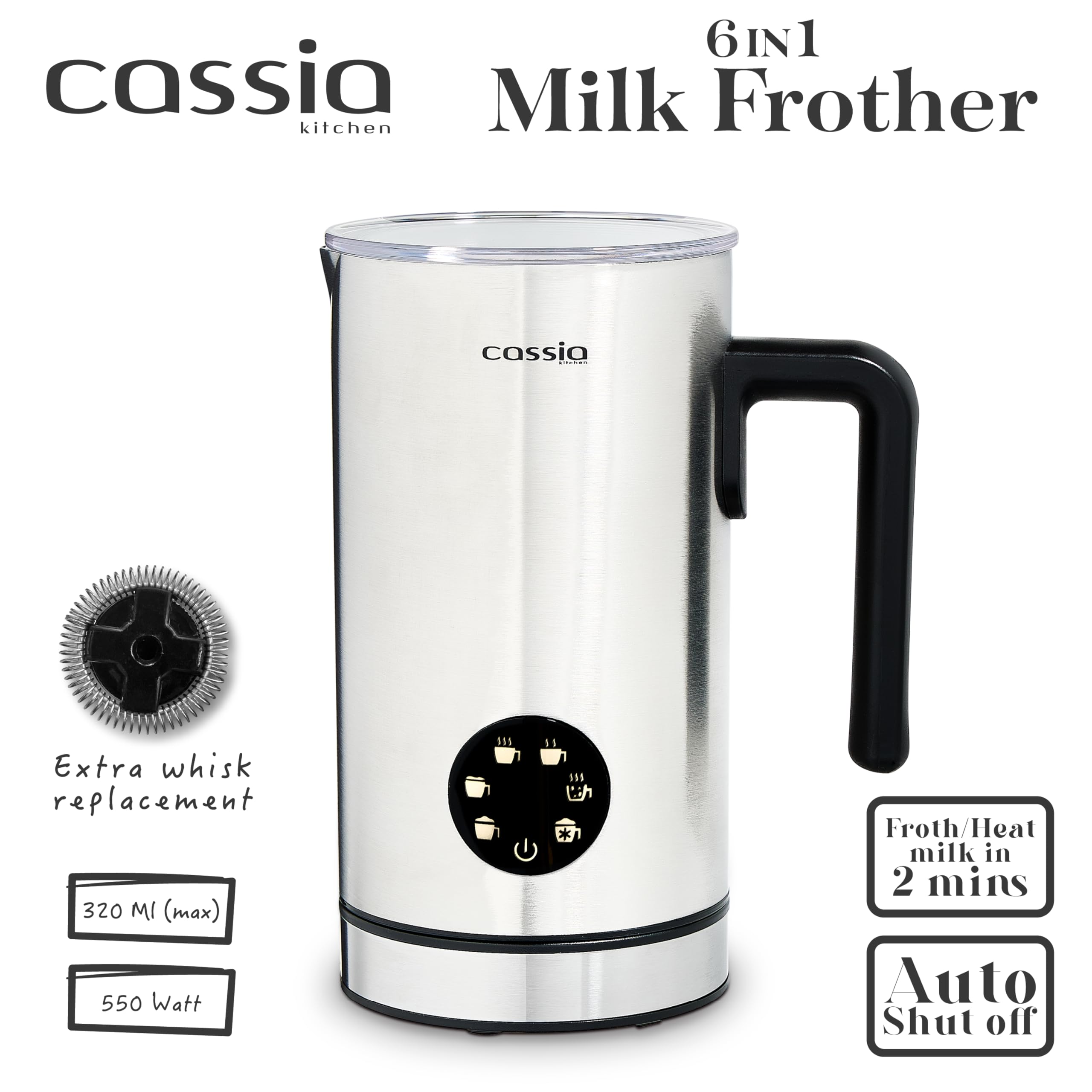 Espumador de leche eléctrico con funciones 5 en 1 - Espuma fría y caliente, chocolate y calentador de leche - 550W, control digital de pantalla táctil, espuma de 5.4 fl oz y capacidad de 3