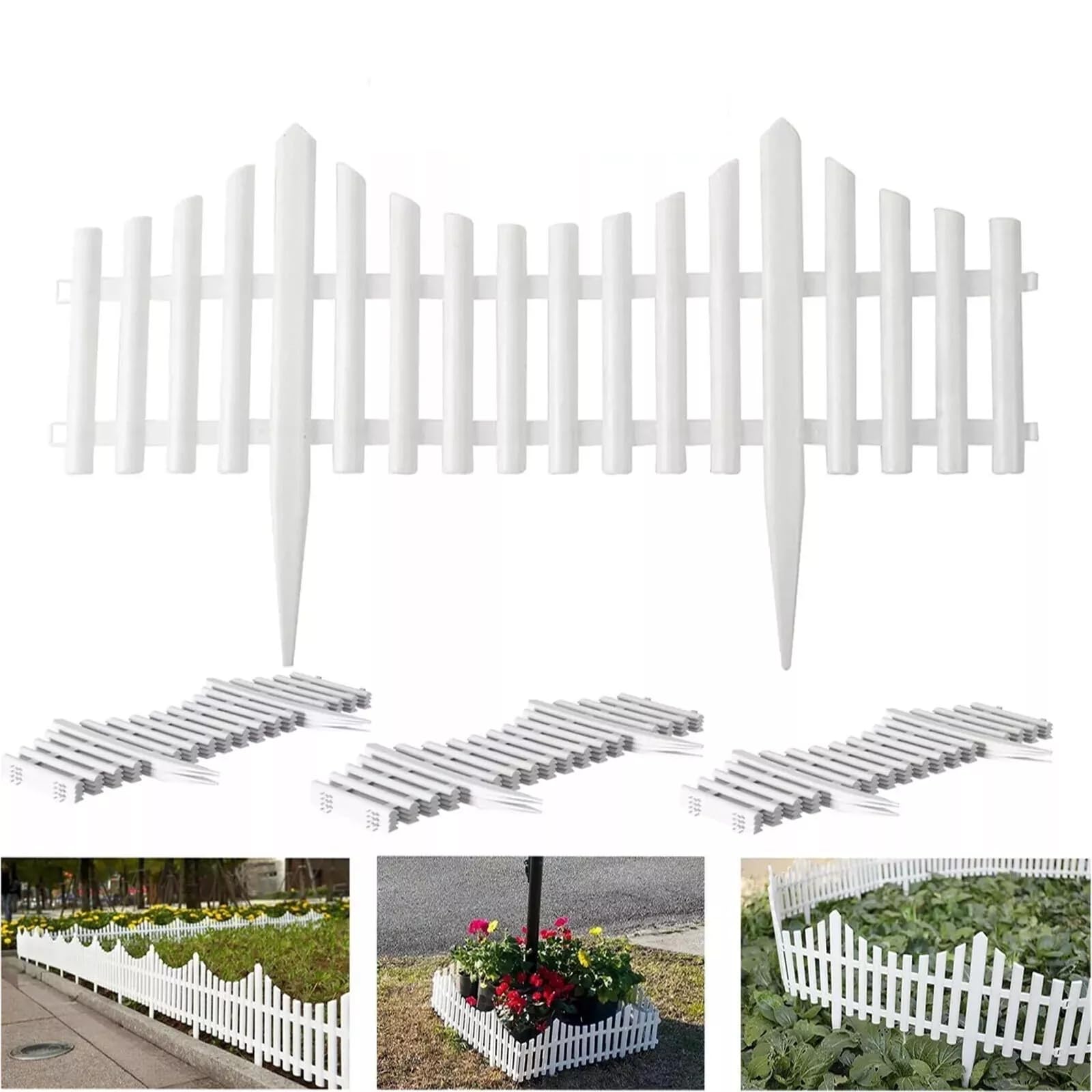 10pcs Plastic Wooden Effect Lawn Border Edge Fence | Interlocking Picket Edging Panels for Garden Borders, Pathways & Landscaping | Easy Installation & Weather-Resistant | 60cm x 33cm (White)