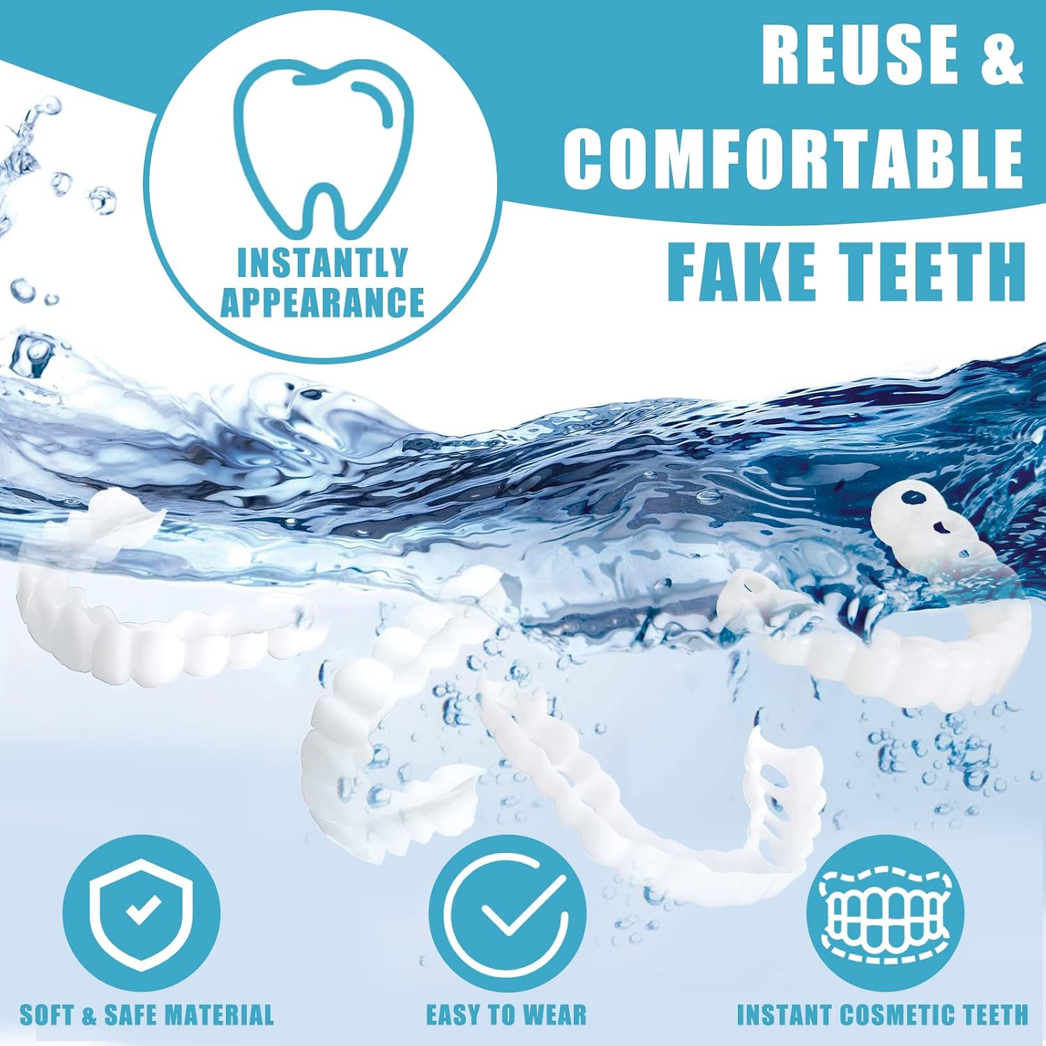 Boao 4 Set Fake Teeth Veneers Teeth Temporary Denture Snap in Teeth Confidence Smile Dentures Veneers Fake with 4 Pieces Mini Tweezers for Men and Women Bad Teeth Whitening Alternative