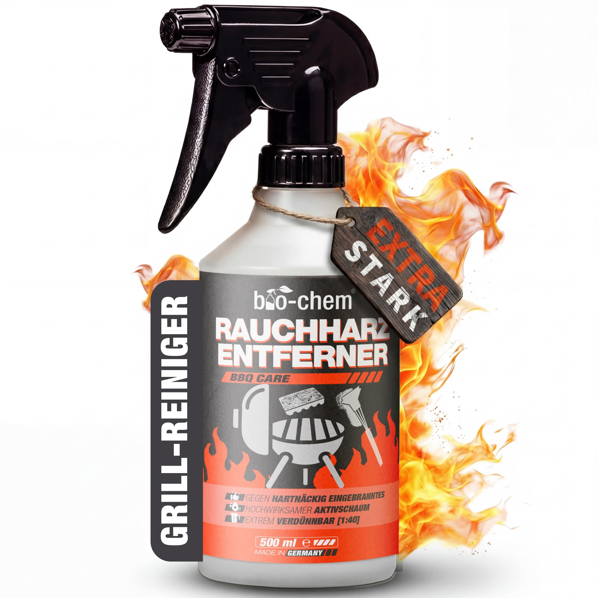 bio-chem Rauchharz-Entferner - 500 ml - Backofen- und Grillreiniger Konzentrat für Gasgrill, Edelstahl, Gusseisen u.v.m. - Extrem kraftvolle Formel gegen hartnäckige Ablagerungen - Made in DE