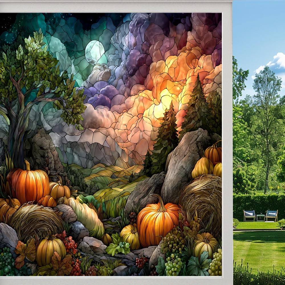 Retro Pumpkins Frosted Window Film, Colorful Field Landscape Stained Glass Privacy Film, Heat Insulation Self-Adhesive Vinyl for Bathroom Office, （50x100cm）