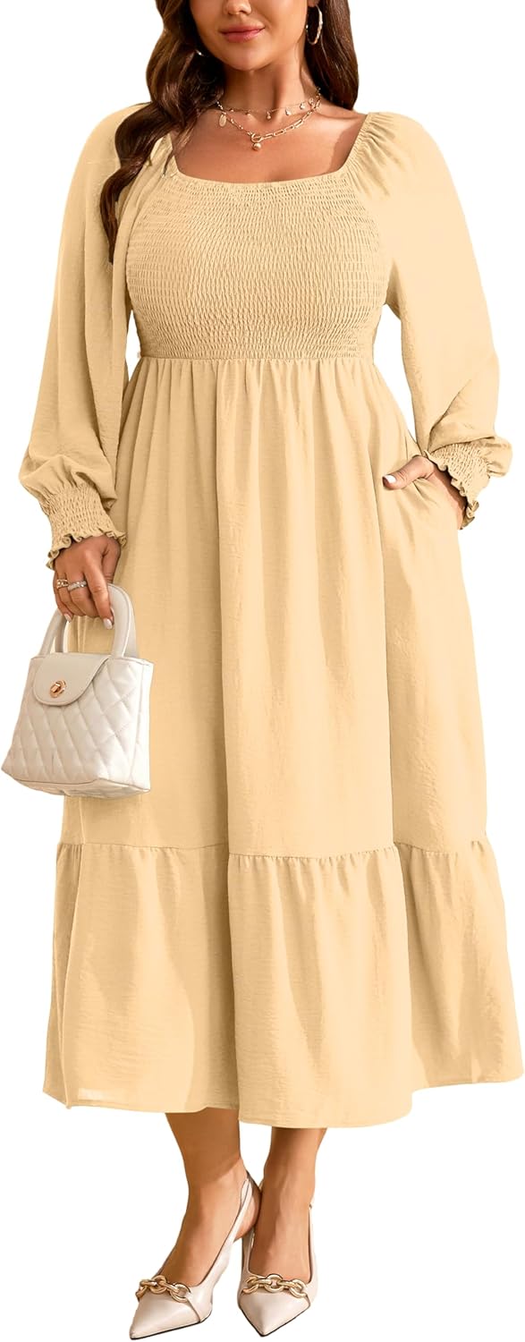 RWJ Women's Plus Size Fall Dress Long Sleeve Square Neck Floral Print Smocked A Line Boho Flowy Maxi Dresses with Pockets