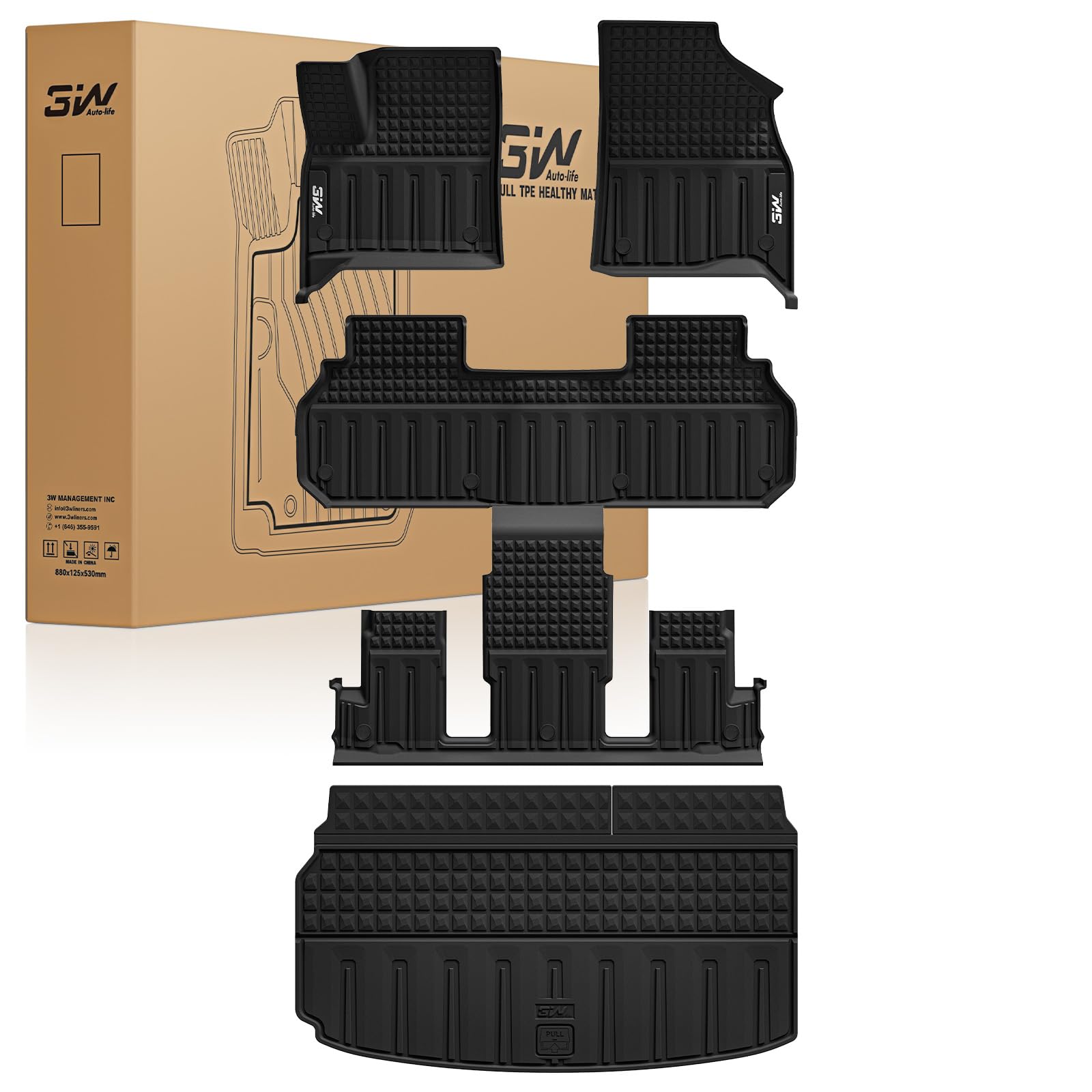 3W Floor Mats & Cargo Liner for Chevrolet Chevy Traverse 2024-2026 (Only 7 Seats) & GMC Acadia 2024-2026 (Only 7 Seats) & Buick Enclave 2025-2026, All Weather TPE Custom Fit Floor Liners