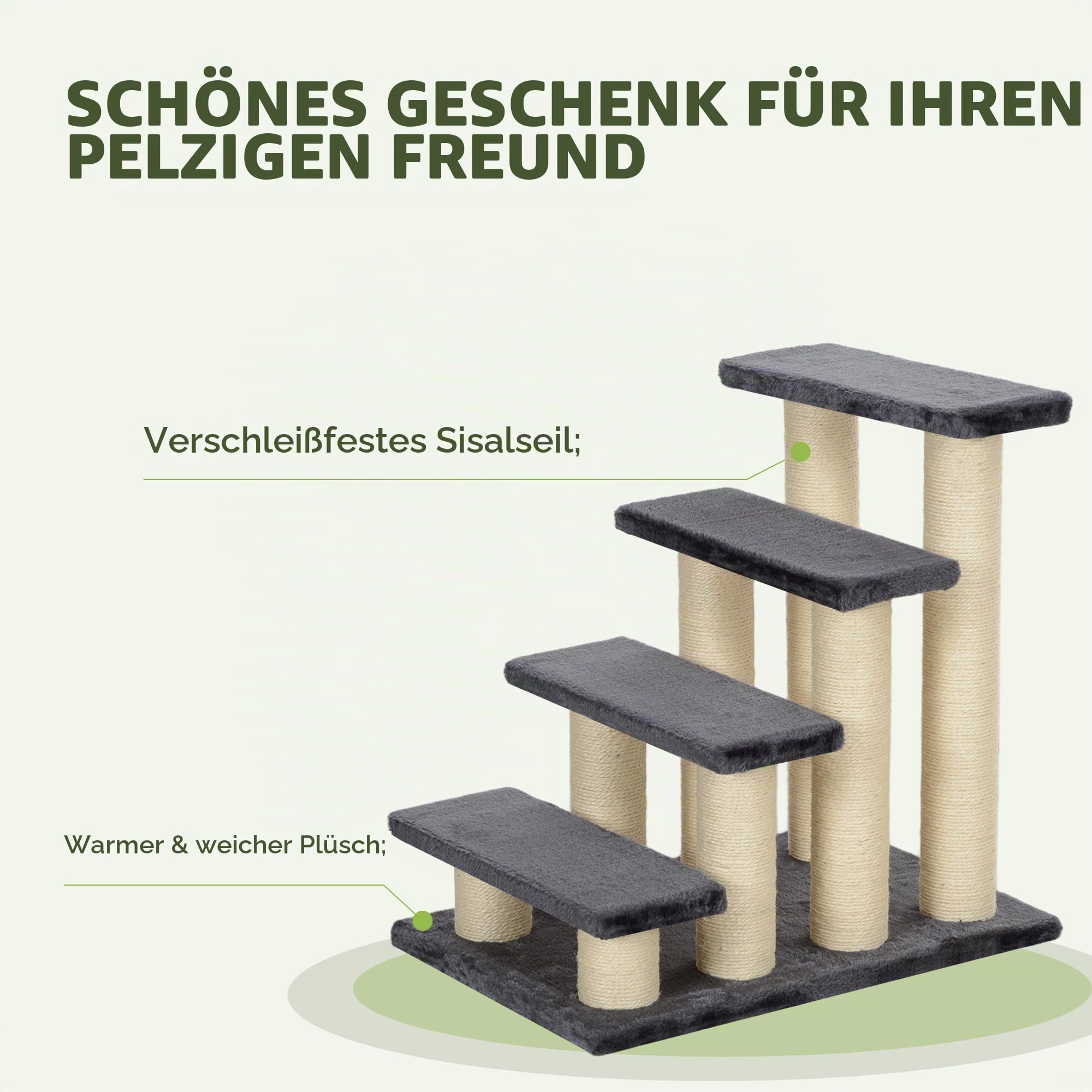 PawHut Tiertreppe Katzentreppe Hundetreppe 4 Stufen Treppe für Katze und Hunde Plüsch Grau 60 x 42 x 61 cm | Haustiertreppe, Hundetreppe, Hunderampe, Einstiegshilfe für Bett, Sofa, Couch