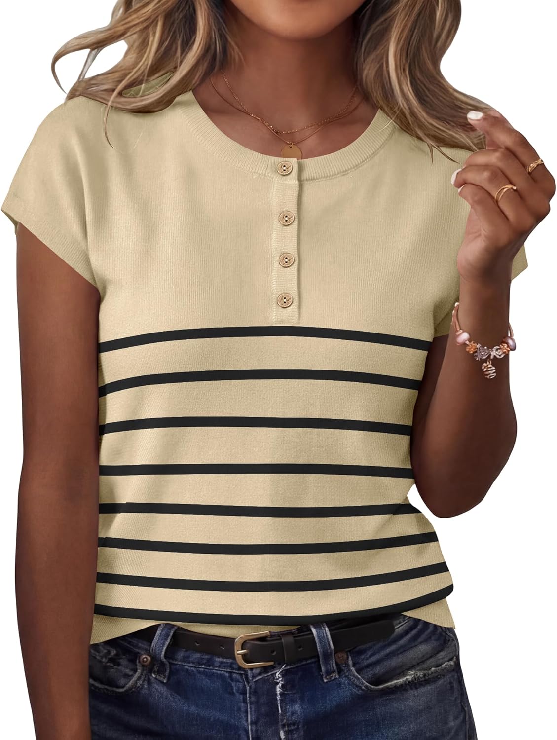 Rapbin Women Blouses Spring Tops for Women 2026 Cap Sleeve Sweater Crew Neck Summer Outfits Dressy Casual