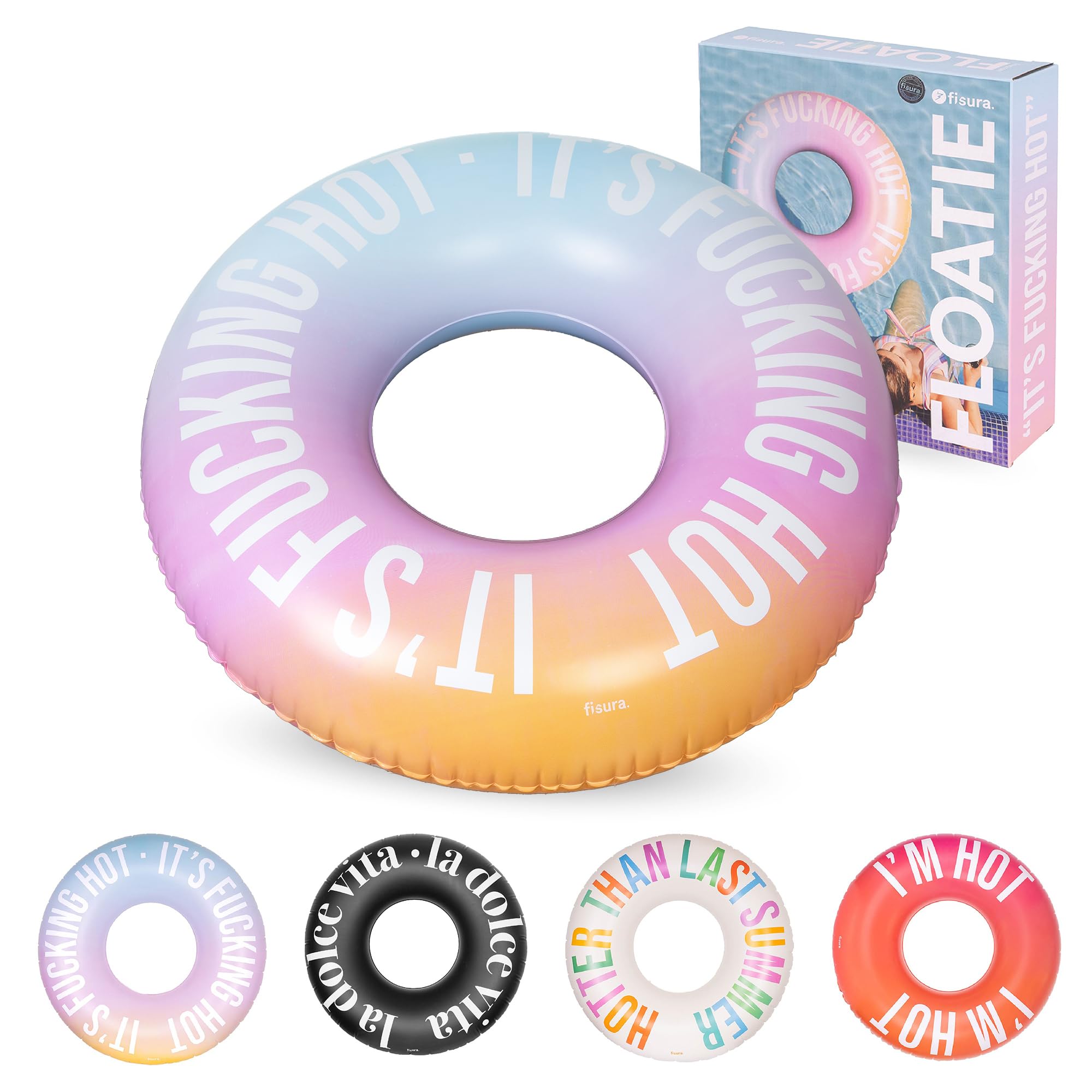 Fisura - Original Inflatable Float I´m f*cking hot gradient. 120 cm Pool Float with Safety Valve for Quick Inflation and Deflation. Beach and Swimming Pool Inflatables for Kids and Adults