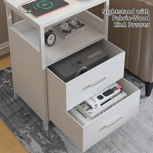 Miniatura 4 de Mesita de noche con estación de carga, mesa auxiliar con cajón de madera de tela, mesa auxiliar blanca con puertos USB para dormitorio, sala de estar