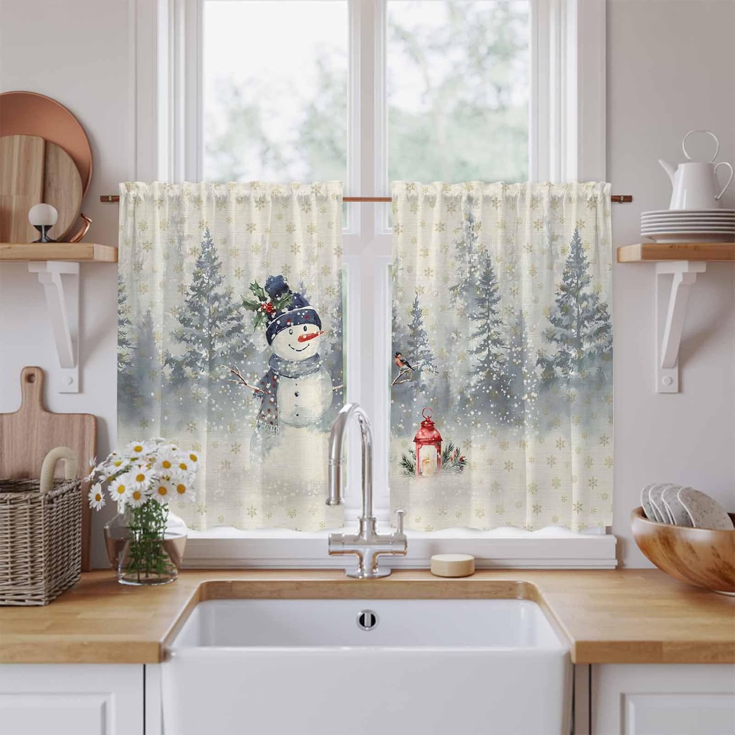 Christmas Snowman Kitchen Tier Curtains 45 Inch Long 2 Panel Set,Rod Pocket Short Window Treatment,Retro Xmas Forest Trees Golden Snowflakes Curtains & Drapes for Bathroom Basement 27.5"W x 45"L