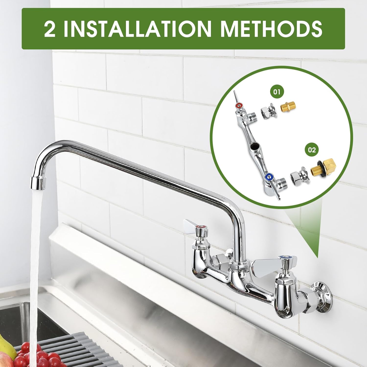 Kitchen Sink Faucet Wall Mount - 8 Inch Center Wall Mount Commercial Kitchen Sink Faucet with 12" Swivel Spout - Dual Lever Handles - Brass Constructed & Chrome Polished