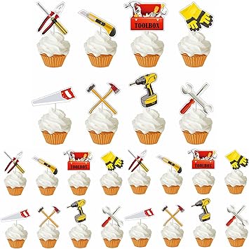 24 Pack Tools Themed Cupcake Toppers Cake Decorations Handyman Toolbox Plier Hammer Screwdriver Drill Wrench Handsaw Cupcake Picks for Boys Men Mechanic Theme Birthday Party Supplies