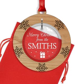PERSONALISED Family Merry Christmas Tree Ornament Decoration Bauble Xmas - Cherry Veneer and Acrylic Engraved Christmas Tree Ornament - Keepsake Christmas Gifts Presents