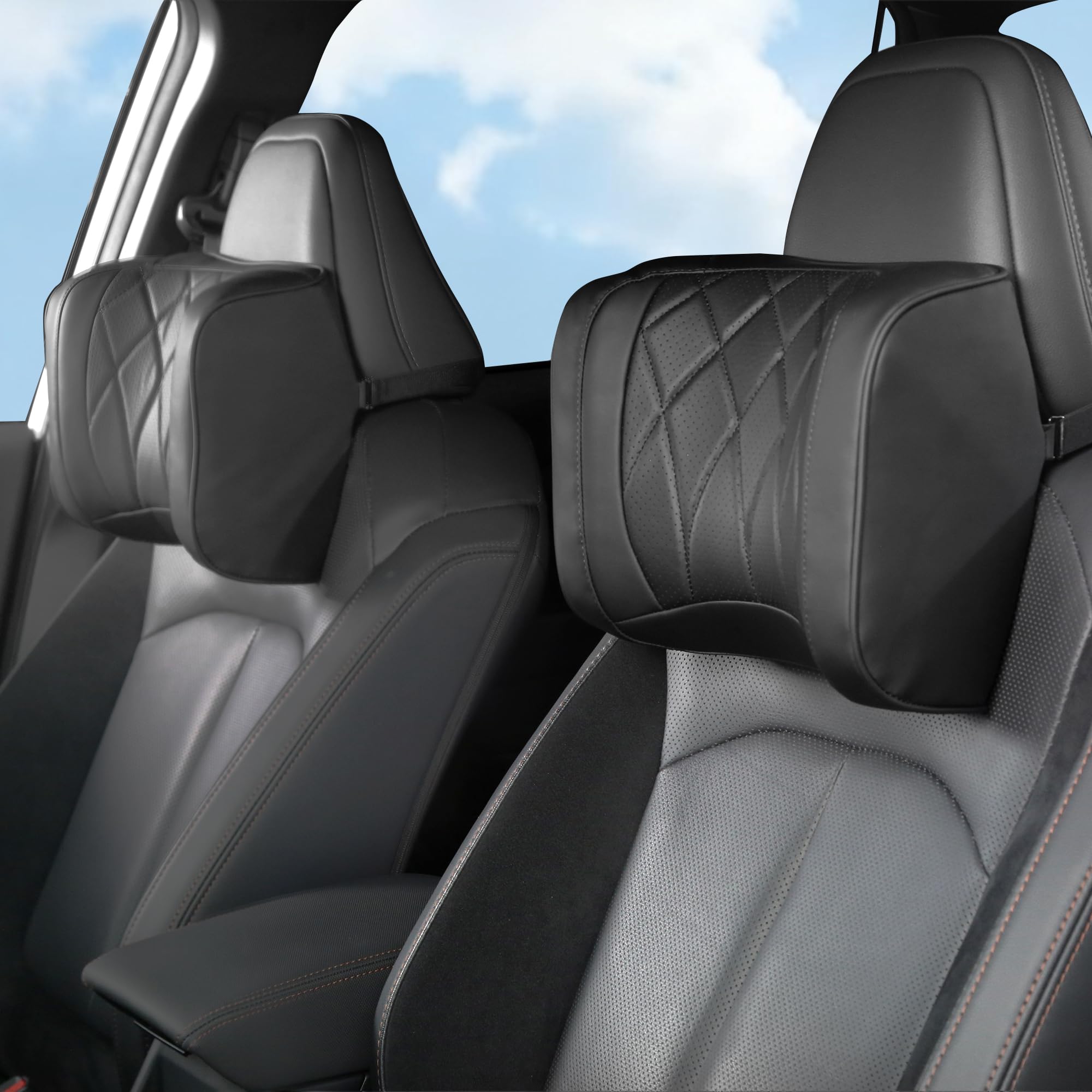 Poggiatesta Auto Cuscino, Cuscino Auto Collo Pillow Memory Foam Supporto Testa Seggiolino Auto Per la Guida, 2 Piece, Nero