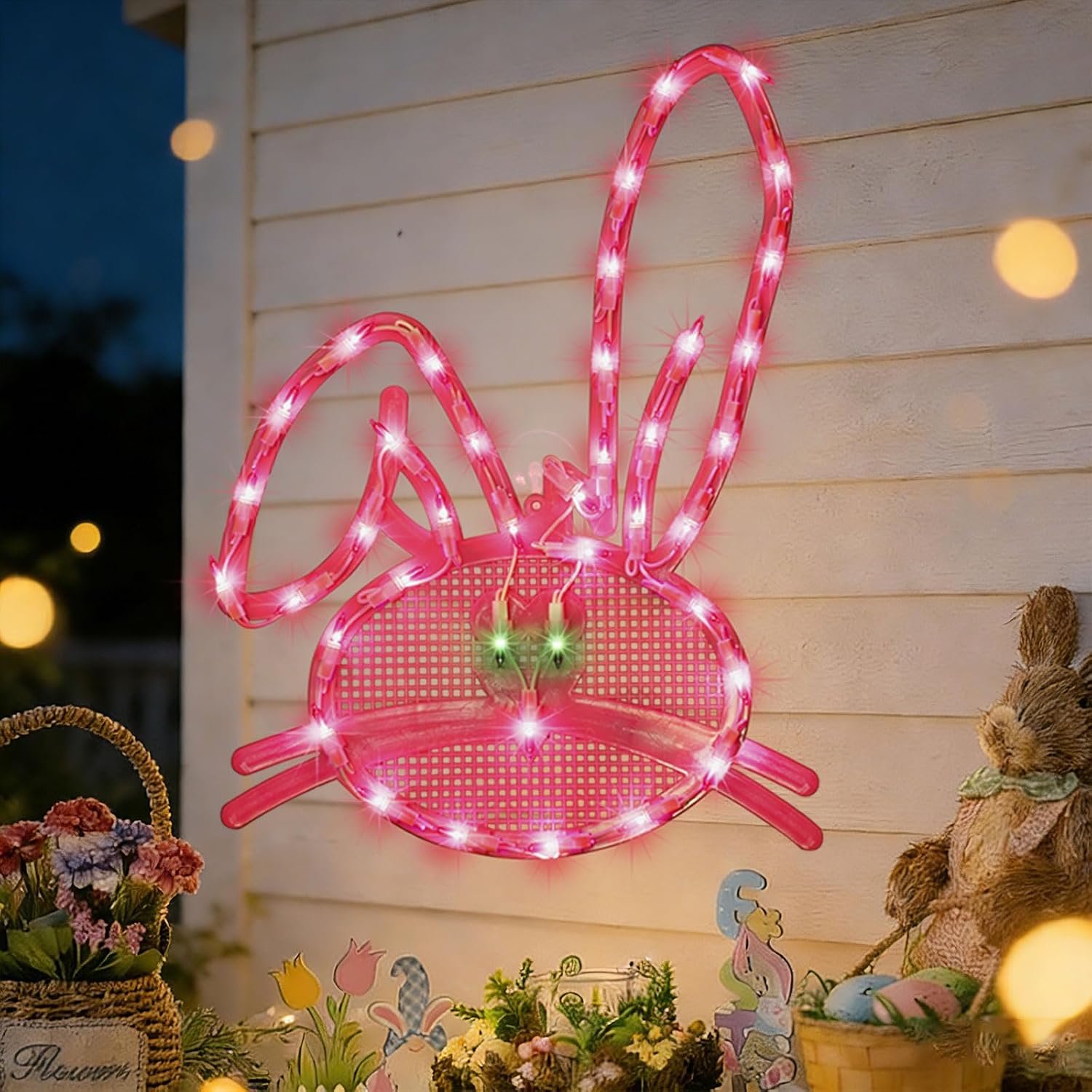 17" 40LED Lighted Pink Bunny Easter Decor - UL Certified, Soft Warm Glow, Window Decoration & Hanging Accent, Easter Party Essential, Beautiful Gift Box Packed