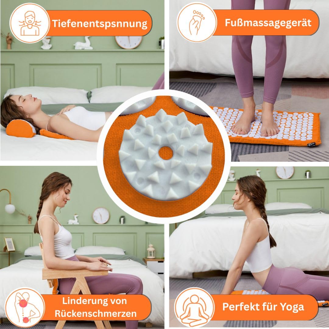 Akupressurmatte mit kissen für Massage & Schmerzlinderung [Das Original], Orange Nadelmatte Set zur Entspannung für Nacken, Rücken, Füße | Yantramatte, Stachelmatte für Meditation