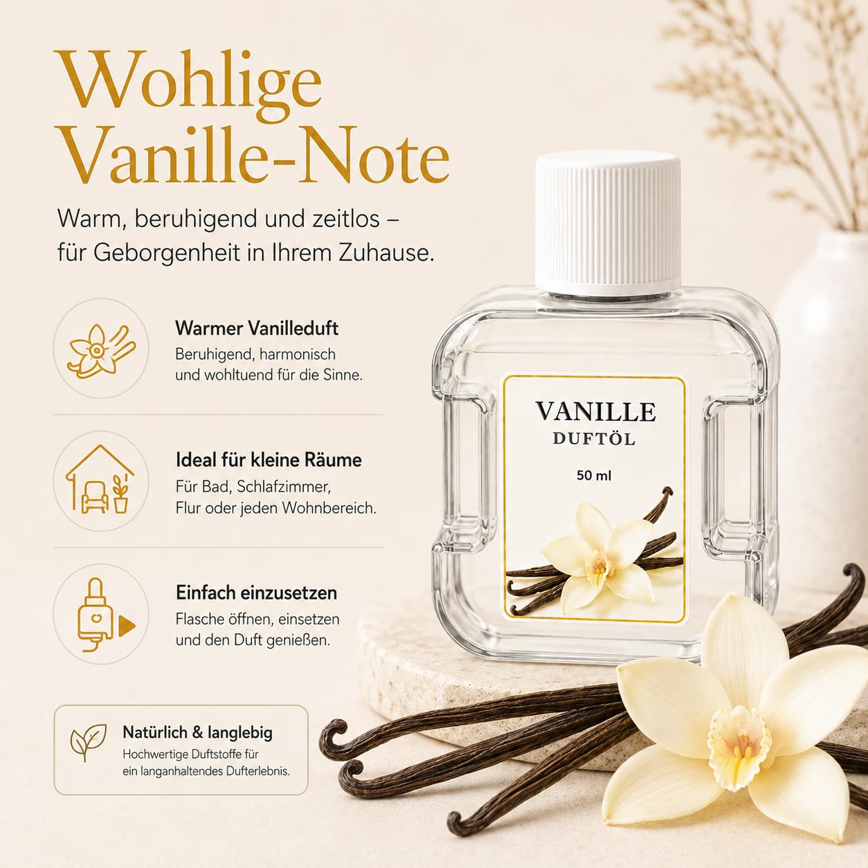 Duftöl Nachfüllung 2 x 50 ml für Aroma Diffuser, Raumduft Lufterfrischer für Bad, Schlafzimmer & Wohnzimmer (Vanille)