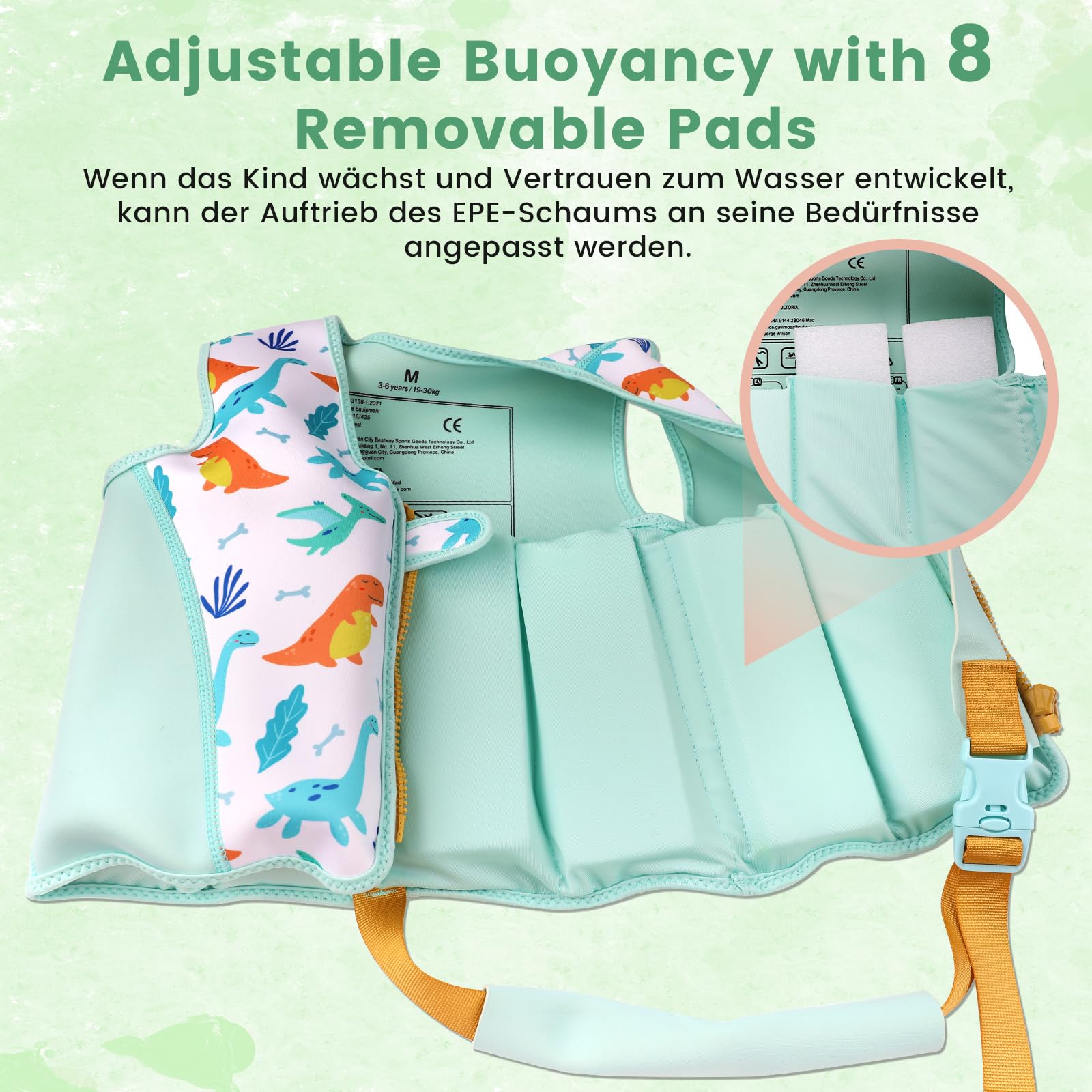 Parner Schwimmweste Kinder für 2–6 Jahre (15-30 kg), Kinder Schwimmhilfe mit Variablen Auftriebskörpern, weicher Neopren - Komfort, mit Transportbeutel,Beingurt und langem Reißverschluss