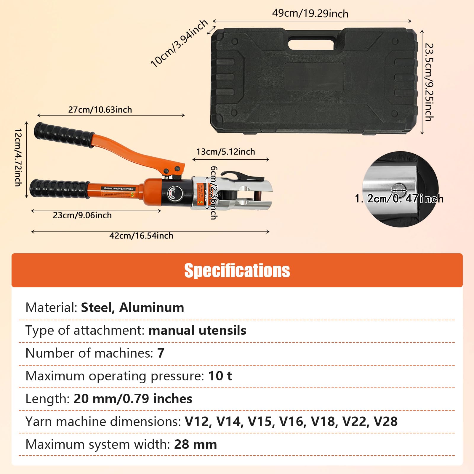 Hydrauliczne szczypce zaciskowe 10T z 7 wkładami zaciskowymi V12/14/15/16/18/22/28 mm, profesjonalny zestaw narzędzi do rur miedzianych, pomarańczowe