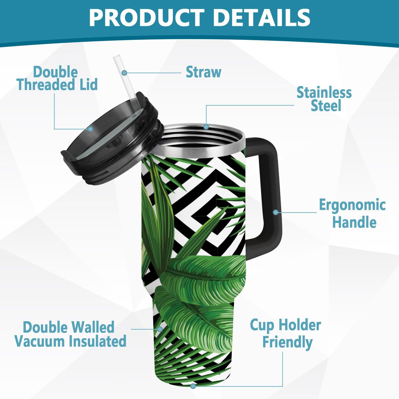 Isolierter Becher Palmenblätter, doppelwandige Edelstahl-Wasserflasche, Kaffeetasse, Reisebecher mit Griff, Strohhalm-Deckel