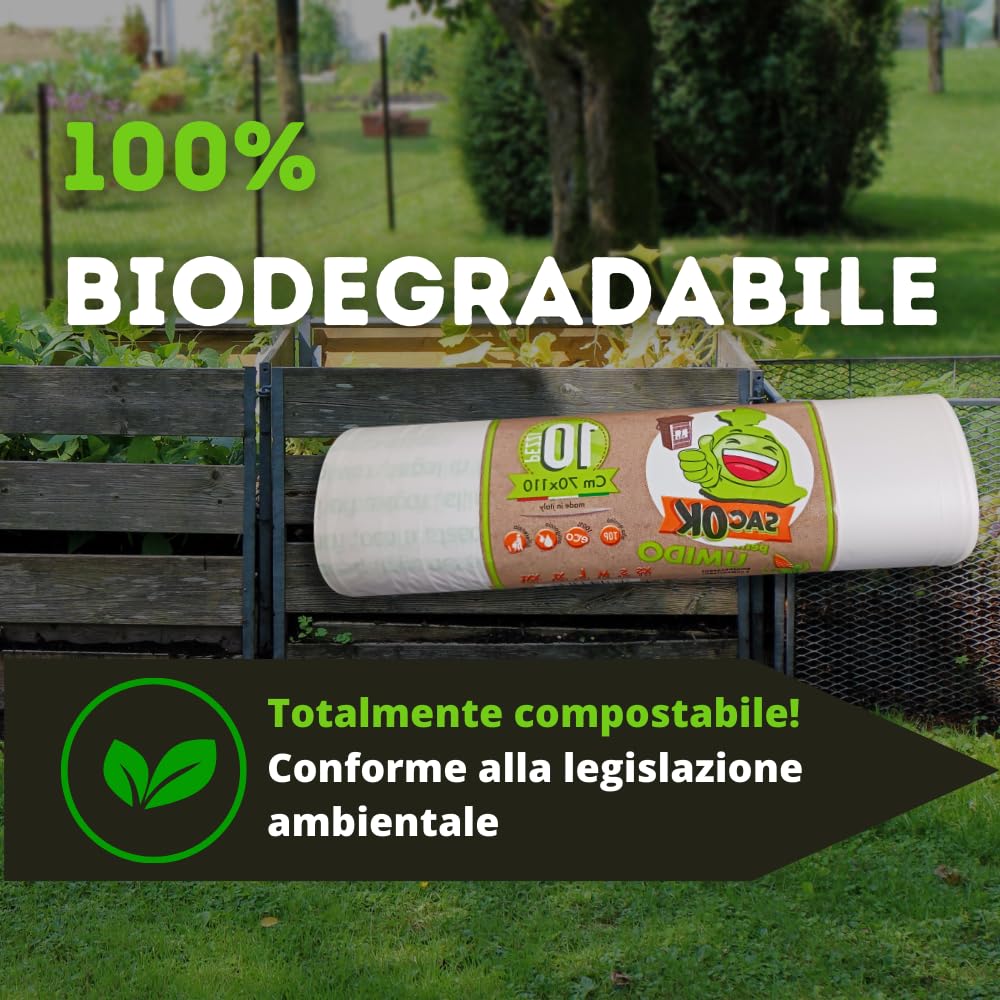 100 Sacchi Spazzatura 70x110 cm, Sacchetti Umido Grandi Biodegradabili e compostabili - Sacchi Umido per i bidoni della Raccolta Differenziata da interno.