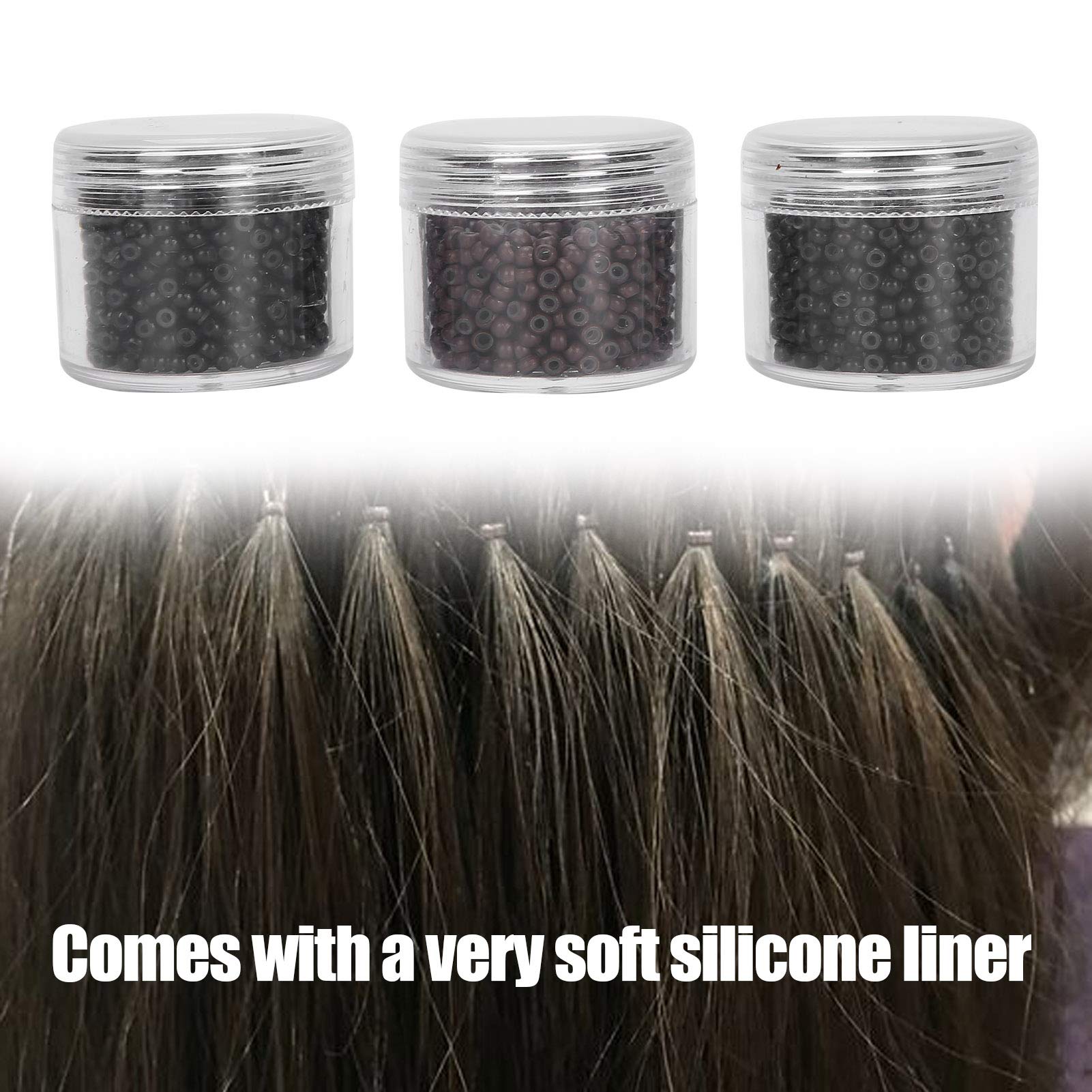 Juego de 3 herramientas de extensión de cabello con microeslabones de silicona de 3,0 mm, nanotubos con forro suave, 3000 unidades de 3 mm/0,12 pulgadas de diámetro exterior de 2