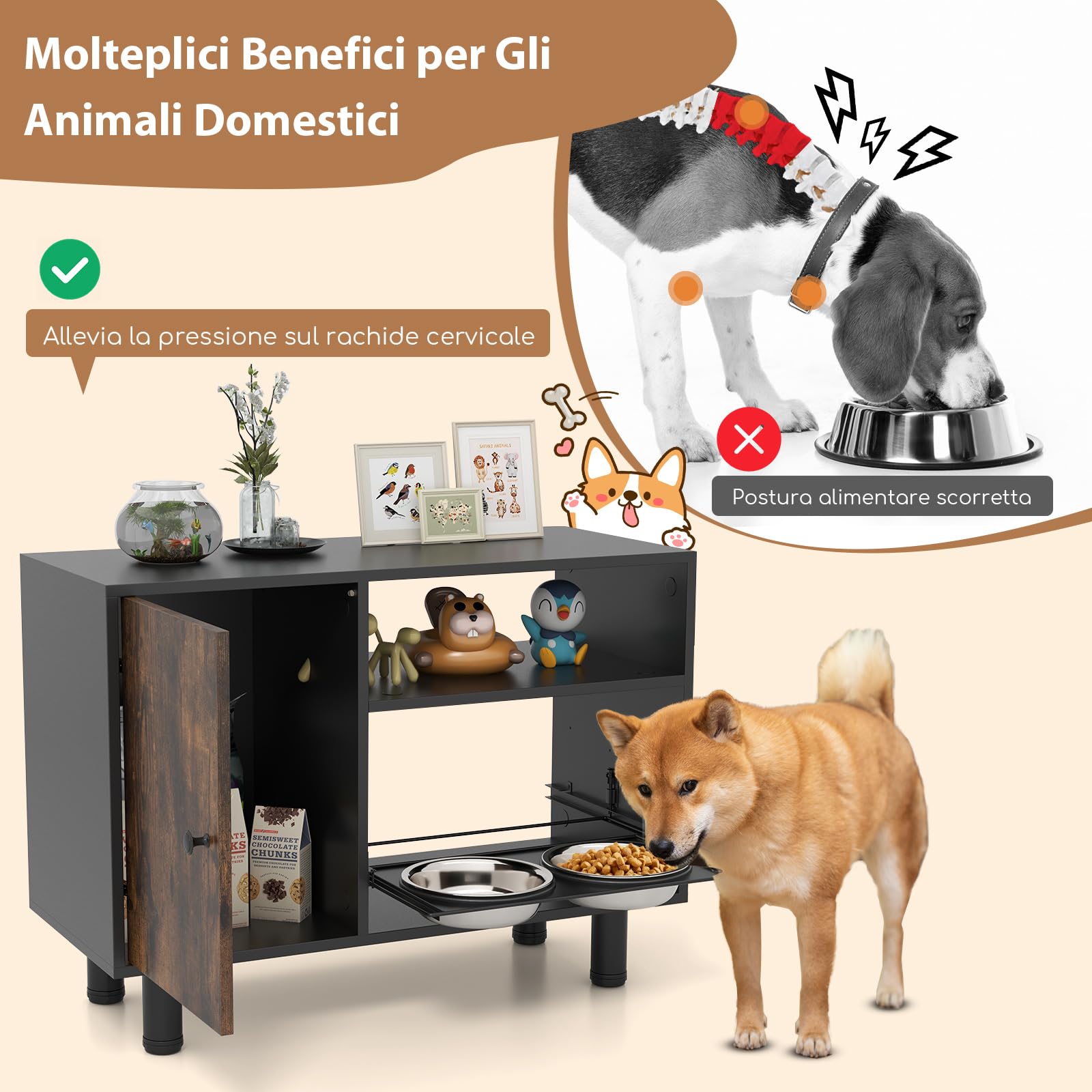 GYMAX Stazione di Alimentazione per Cani, Armadietto per Cibo per Cani, 2 Ciotole Rialzate in Acciaio Inox, 2 Ripiani Aperti, Mobile per Alimenti per Animali Elevato, 82 x 35 x 60 cm