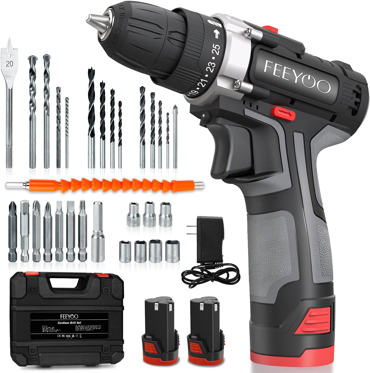 Cordless Drill Kit with 2 Batteries, 12.8V 28Nm Powerful Electric Drill Screwdriver Set 34Pcs (2x3900mAh Batteries, 2 Speed, 25+1 Clutch, 10mm Automatic Chuck, Built-in LED Light) for DIY Project