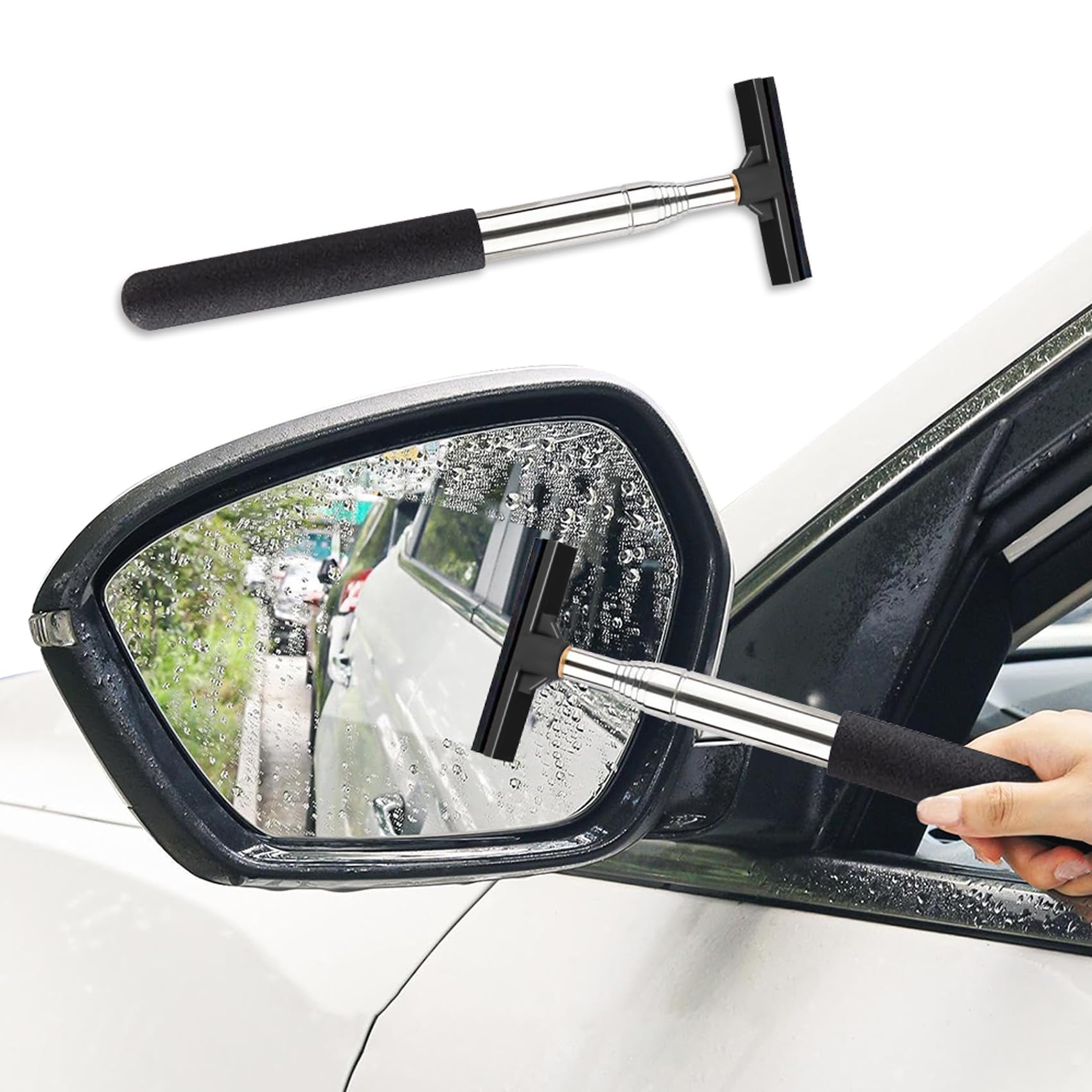 Car Side Mirror Squeegee, Retractable Telescopic Mirror Wiper, Anti-Fog & Water Cleaning Tool for Rainy & Foggy Weather, Extendable 98cm Handle, Portable Auto Mirror Cleaner