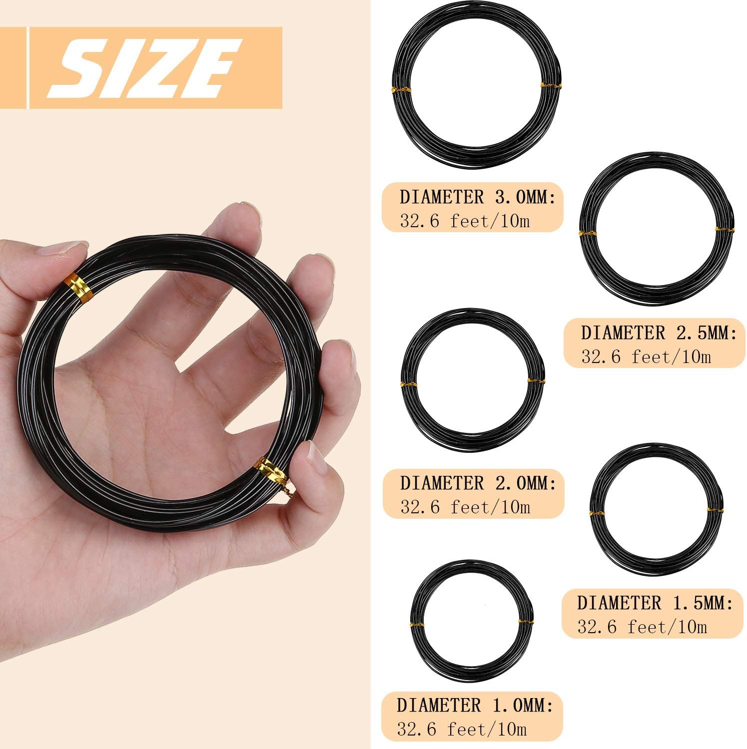 Hotop 10 Rolls Bonsai Wires Anodized Aluminum Bonsai Training Wire in 5 Sizes - 1.0 mm, 1.5 mm, 2.0 mm, 2.5 mm, 3.0 mm, Total 164 Feet (Black)