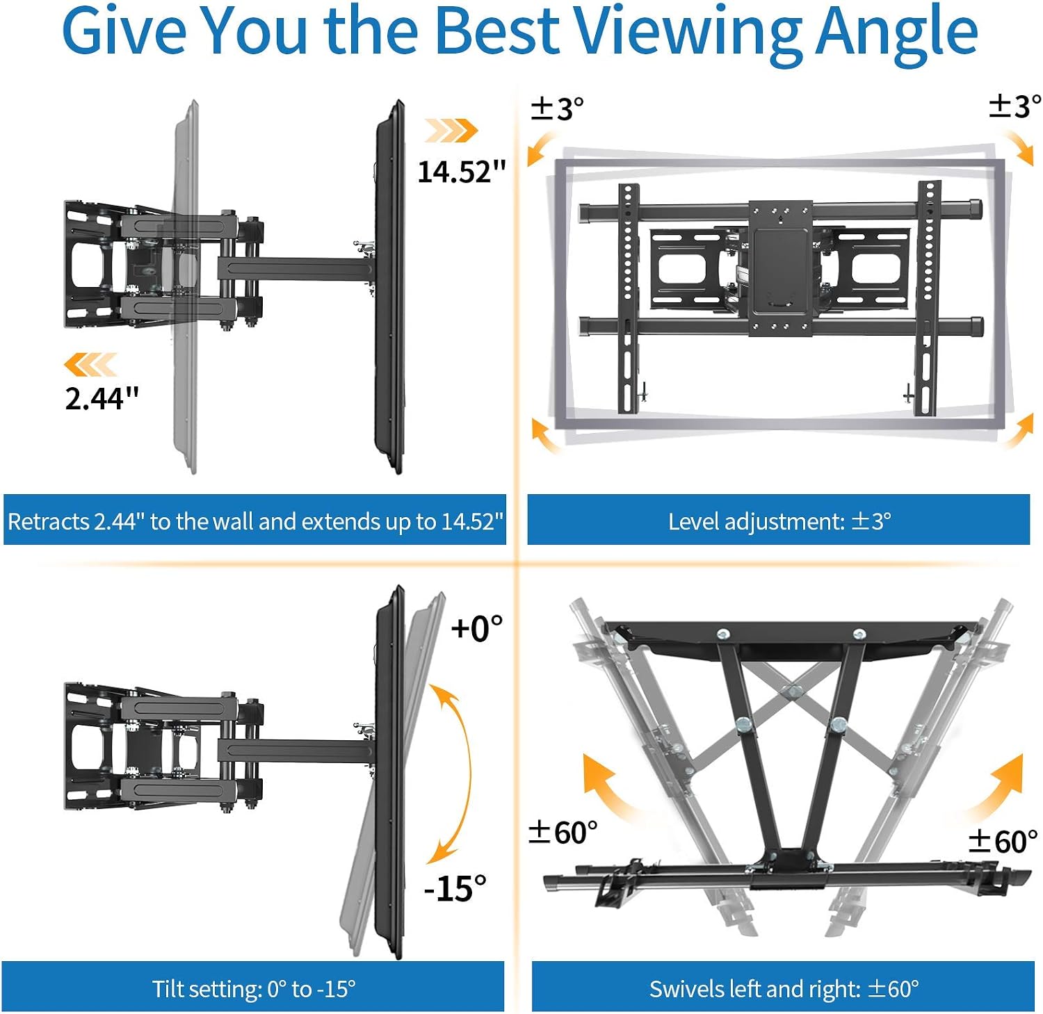 Popular TV Wall Mount with Height Setting-BLUE STONE TV Mount for Most 32-80 Inch Flat Curved TVs,TV Bracket Dual Swivel Articulating Tilt 6 Arms Holds up to 110 lbs, Max VESA 24x16(600x400mm), 16 Studs