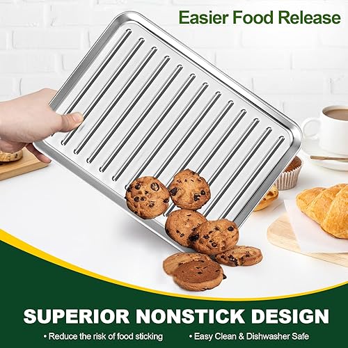 Miniatura 7 de CEKEE Juego de 3 bandejas para hornear, de acero inoxidable para hornear, bandeja para hornear de 91216 pulgadas, antiadherentes, resistentes y