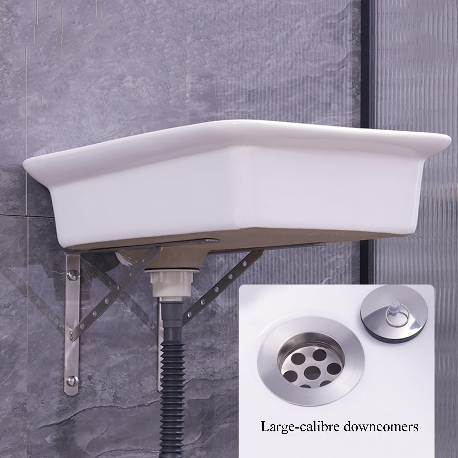 Evier en Céramique Lavabo Mural avec Trou de Trop-Plein Éviers de Cuisine Bonde de Grand Diamètre avec Support en Acier Inoxydable Arrondis du Lavabo(53x43cm/20.9x16.9)