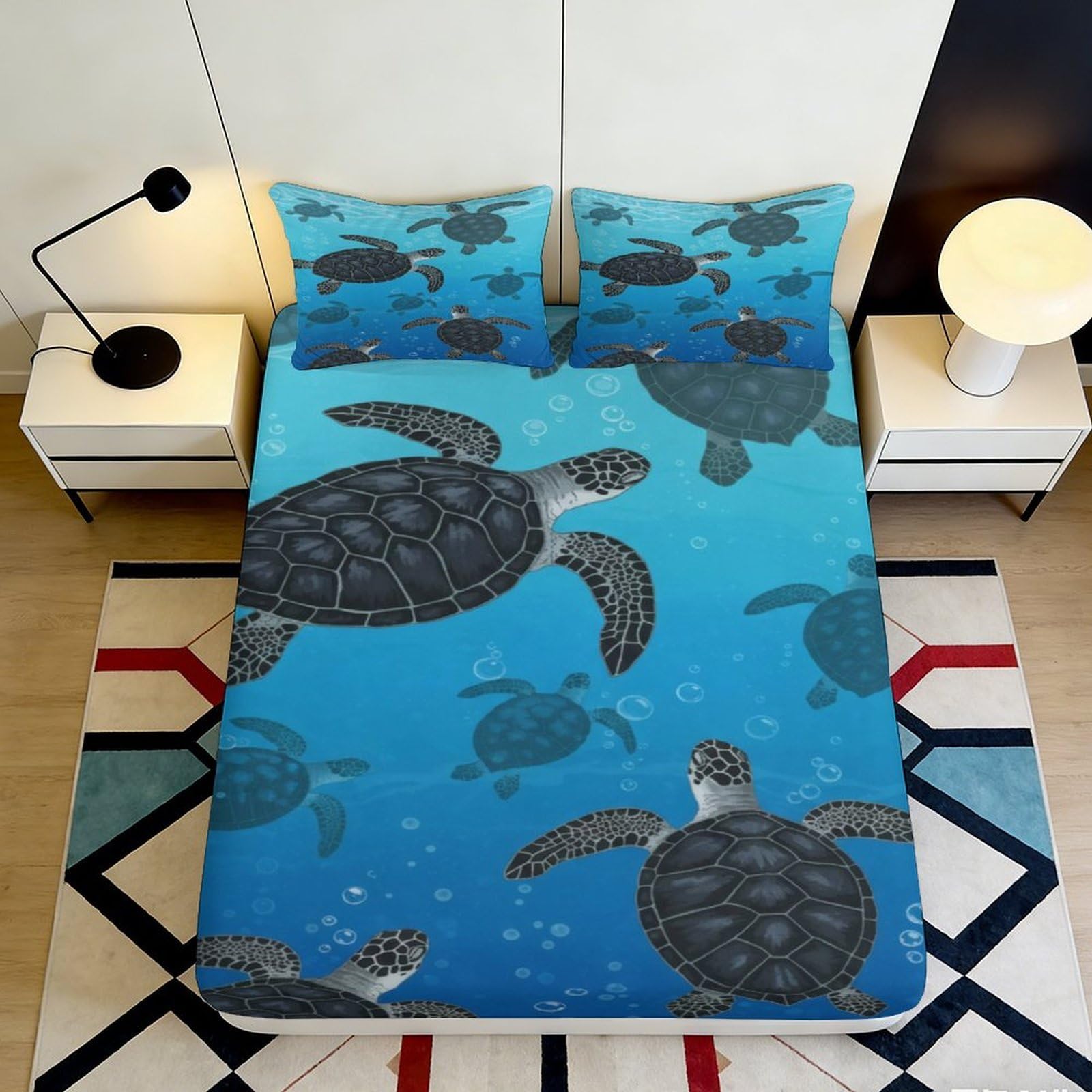 3D Printed Sea Turtle Fitted Sheet Microfiber Ocean Blue Bed Sheet Anti-Slip Machine Washable for Bedroom Guest Room Decor 90x200x25cm