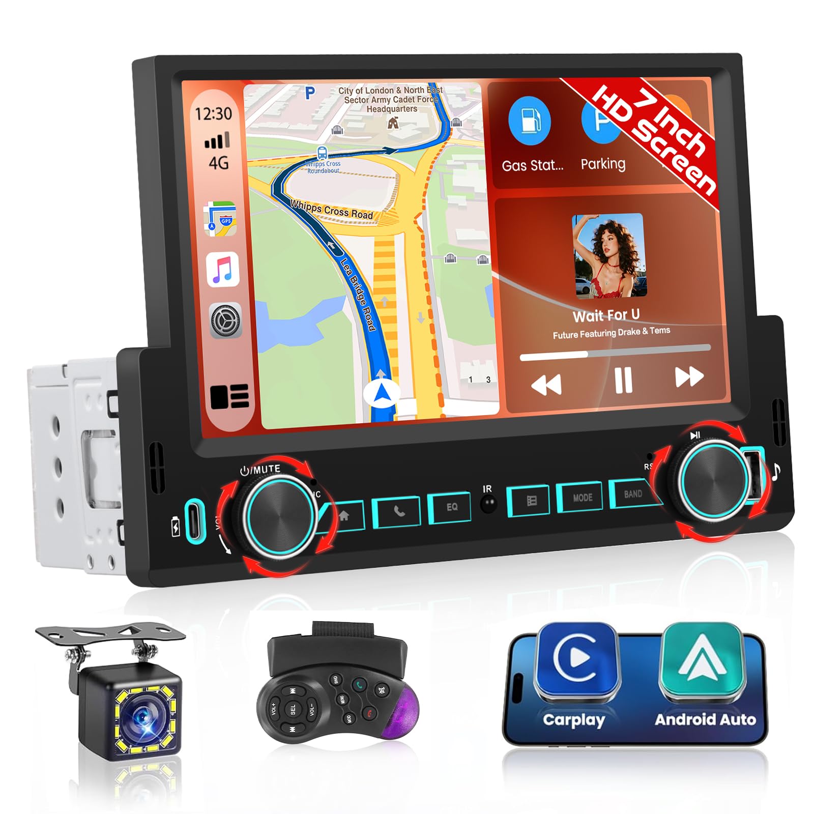 Hikity Autorradio FM Android 1 DIN Compatible con CarPlay inalámbrico y Android Auto, Radio con Pantalla táctil HD de 7 Pulgadas Mirror Link Bluetooth SWC USB cámara y función de Carga
