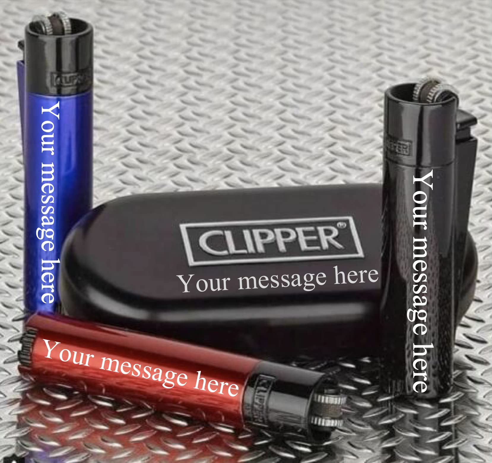 3 x Limited Edition - Clipper Lighter ® Deep Laser Engraved Personalised Metal - Engraving Included for Birthdays, Anniversaries, Weddings and Valentines - Red+Blue+Black