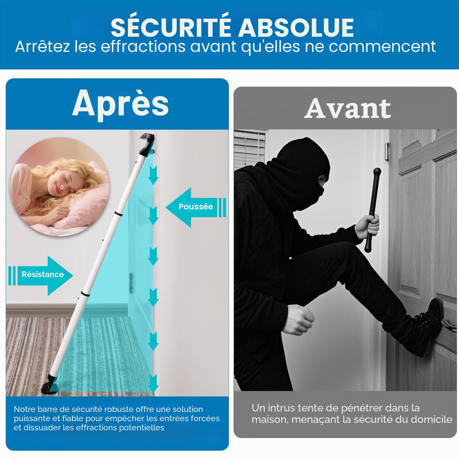 Barre de Sécurité pour Portes Coulissantes, Bloque-Porte de Sécurité Réglable pour Maison & Voyage, Securite Porte d'entrée avec Base Anti-Dérapante, Protection Anti-effraction (58-120)